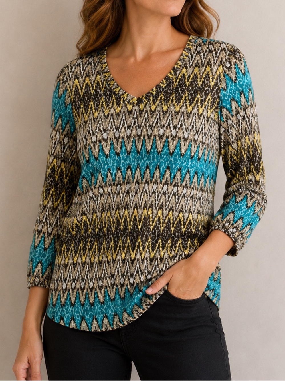 FDJ French Dressing Jeans Chevron Knit Top Women’s Small Blue V-Neck Long Sleeve
